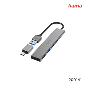 Hama USB hub 4 ports USB 3.2 Gen1 5 Gbit/s ultra slim incl. USB-C adapter | 200141